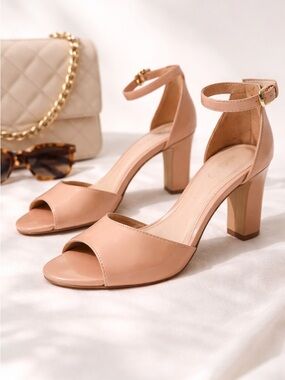 Arezzo Nude Ankle-Strap Block Heels